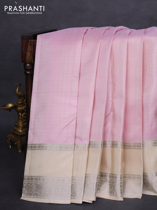 Pure soft silk saree baby pink and cream with allover checked pattern and rettapet silver zari woven border