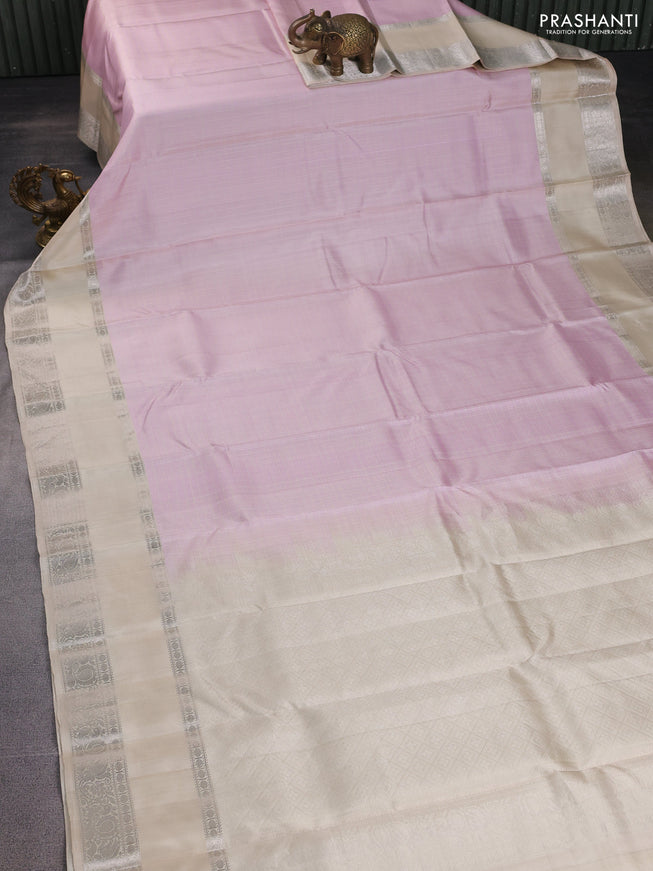 Pure soft silk saree baby pink and cream with allover checked pattern and rettapet silver zari woven border