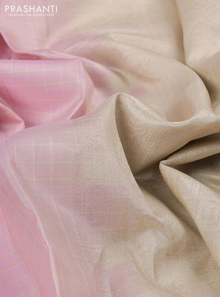 Pure soft silk saree baby pink and cream with allover checked pattern and rettapet silver zari woven border