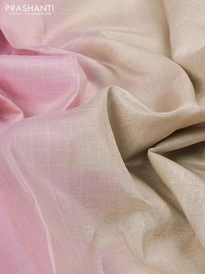 Pure soft silk saree baby pink and cream with allover checked pattern and rettapet silver zari woven border