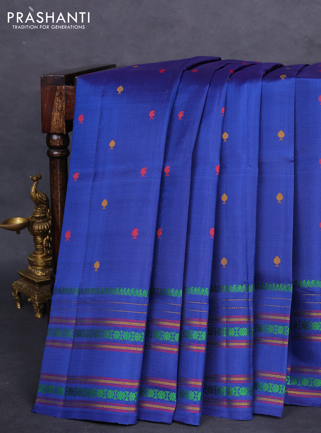 Pure soft silk saree blue with thread woven buttas and rettapet thread woven border
