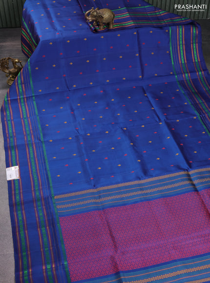 Pure soft silk saree blue with thread woven buttas and rettapet thread woven border