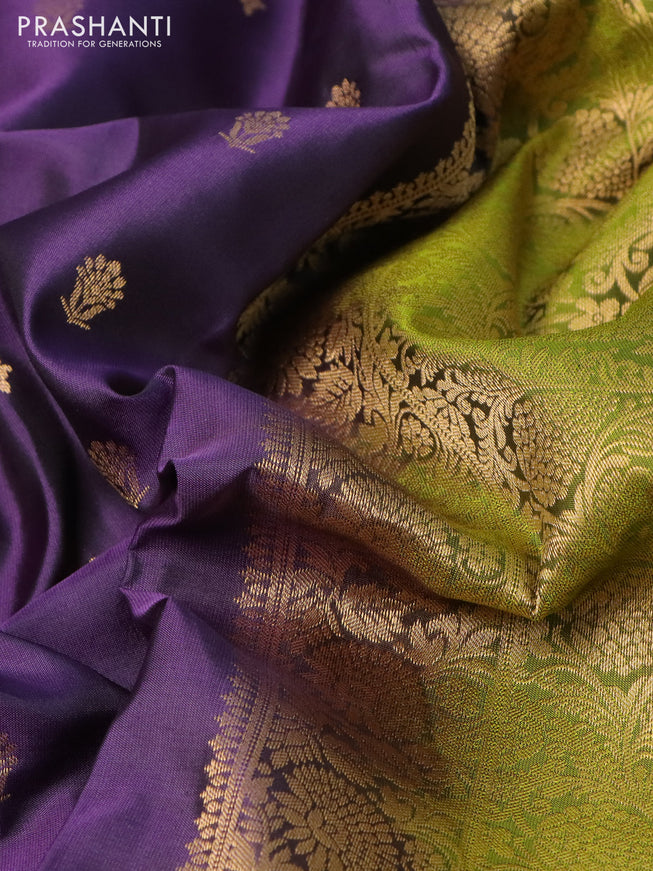 Pure soft silk saree deep purple and light blue with allover zari woven buttas and zari woven border