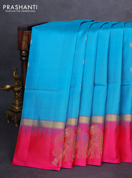 Pure soft silk saree teal blue and pink with zari woven buttas and zari woven elephant butta border