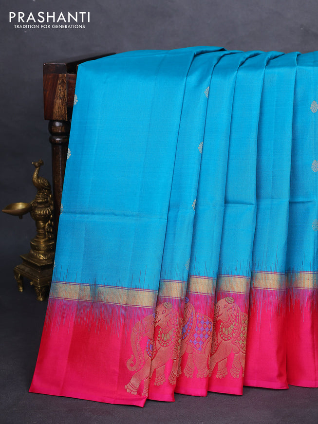 Pure soft silk saree teal blue and pink with zari woven buttas and zari woven elephant butta border