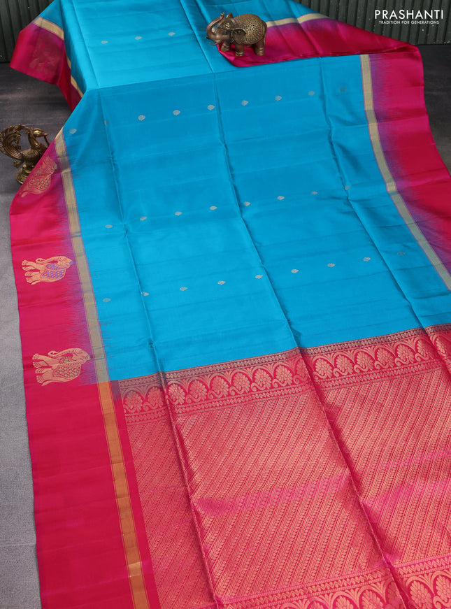Pure soft silk saree teal blue and pink with zari woven buttas and zari woven elephant butta border