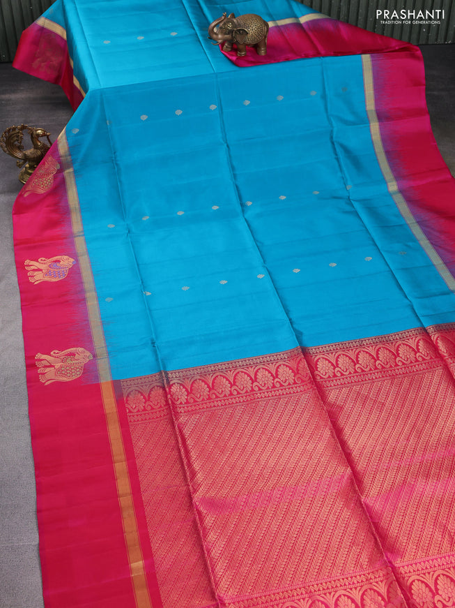 Pure soft silk saree teal blue and pink with zari woven buttas and zari woven elephant butta border