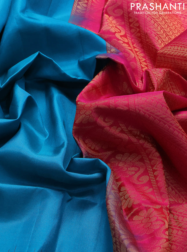 Pure soft silk saree teal blue and pink with zari woven buttas and zari woven elephant butta border
