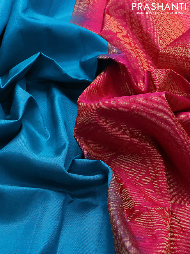 Pure soft silk saree teal blue and pink with zari woven buttas and zari woven elephant butta border