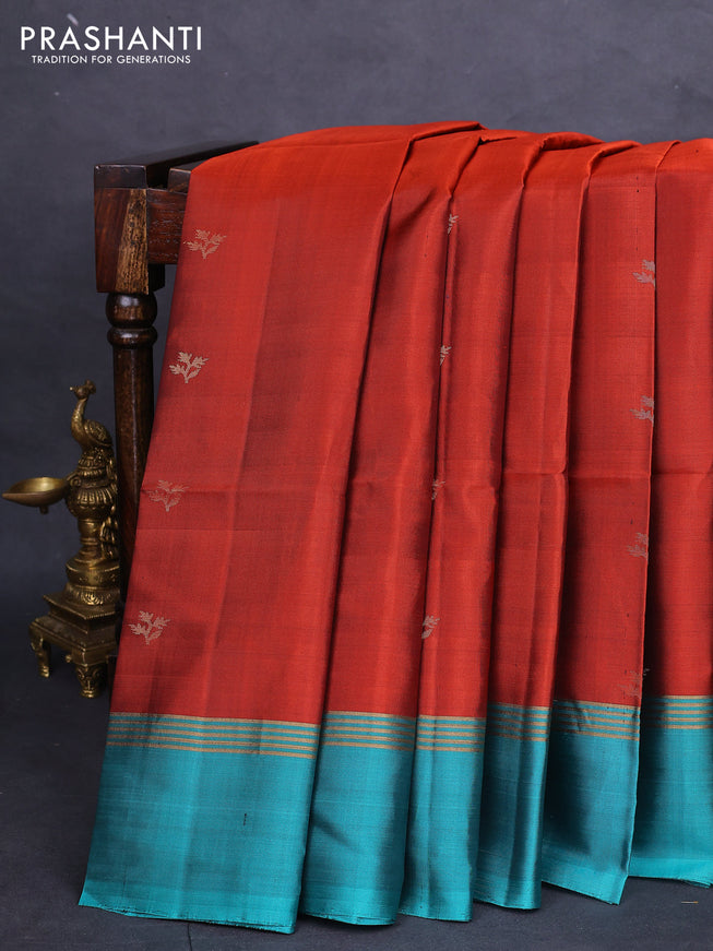 Pure soft silk saree maroon and teal blue with zari woven buttas and rettapet zari woven border