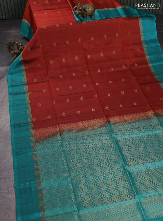 Pure soft silk saree maroon and teal blue with zari woven buttas and rettapet zari woven border