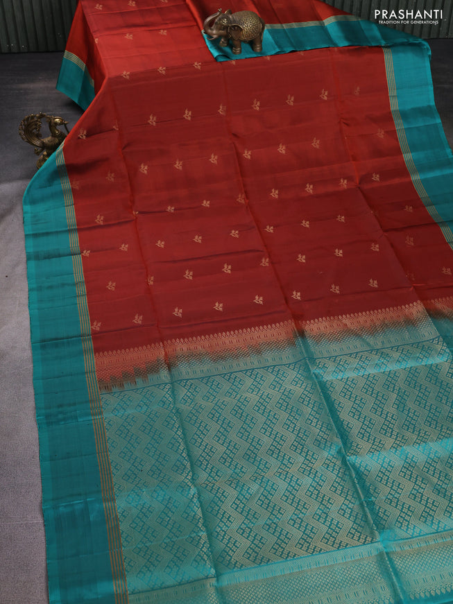 Pure soft silk saree maroon and teal blue with zari woven buttas and rettapet zari woven border
