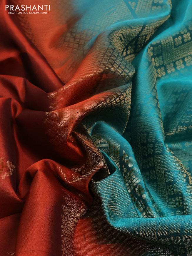Pure soft silk saree maroon and teal blue with zari woven buttas and rettapet zari woven border