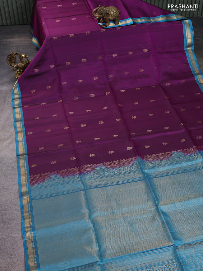 Pure soft silk saree purple and pastel blue with zari woven buttas and zari woven border