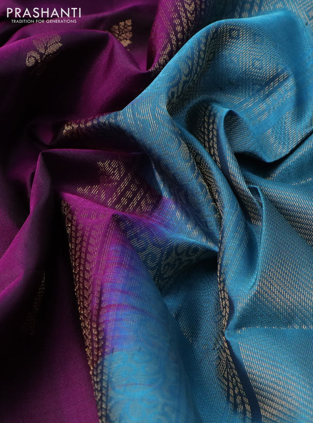 Pure soft silk saree purple and pastel blue with zari woven buttas and zari woven border