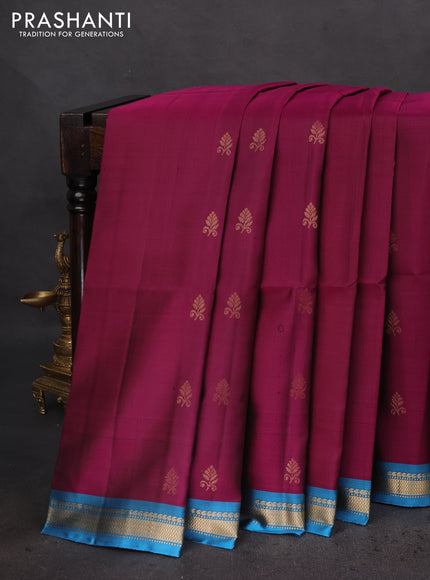 Pure soft silk saree dark magenta pink and pastel blue with zari woven buttas and zari woven border
