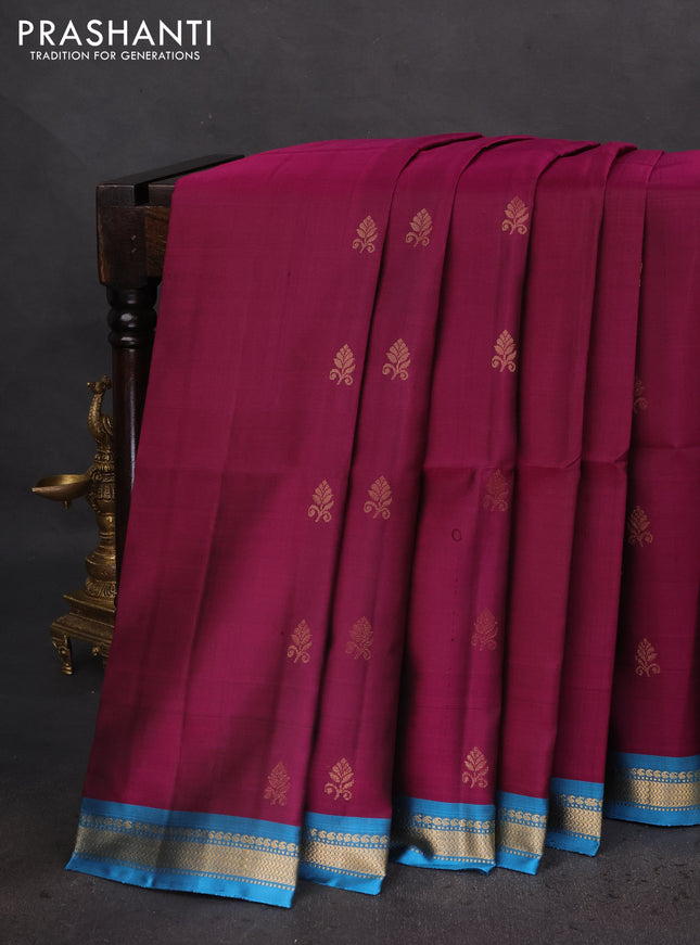 Pure soft silk saree dark magenta pink and pastel blue with zari woven buttas and zari woven border