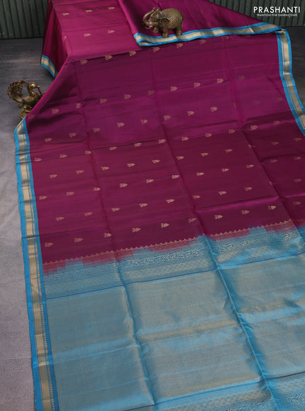 Pure soft silk saree dark magenta pink and pastel blue with zari woven buttas and zari woven border