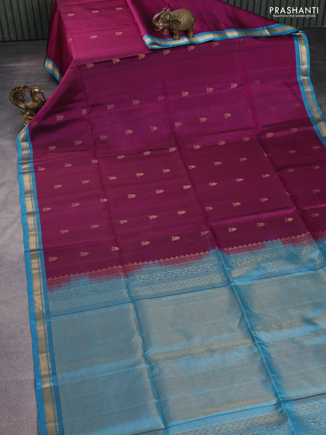 Pure soft silk saree dark magenta pink and pastel blue with zari woven buttas and zari woven border