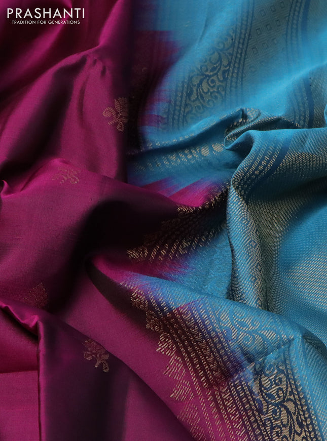 Pure soft silk saree dark magenta pink and pastel blue with zari woven buttas and zari woven border