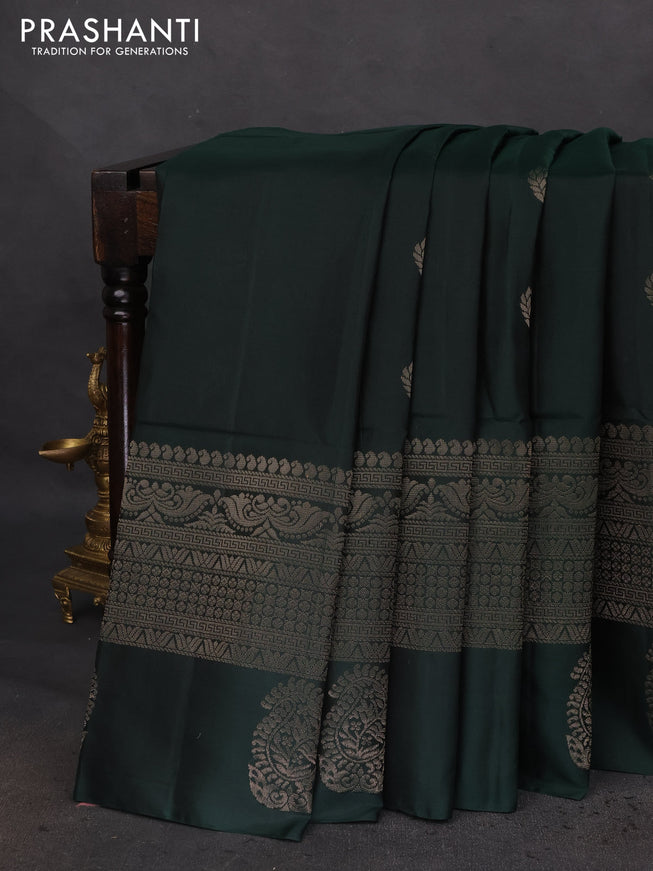 Pure soft silk saree bottle green with zari woven buttas and zari woven border