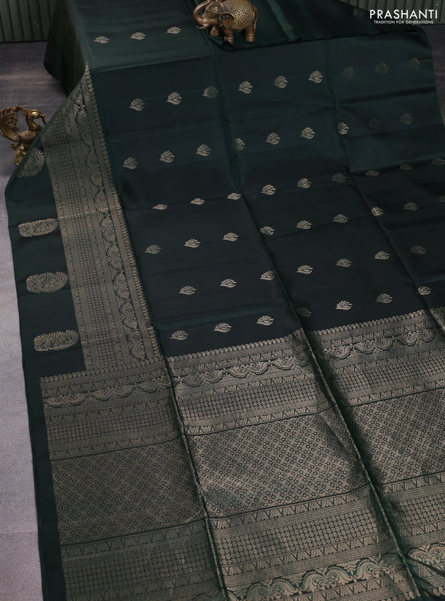 Pure soft silk saree bottle green with zari woven buttas and zari woven border