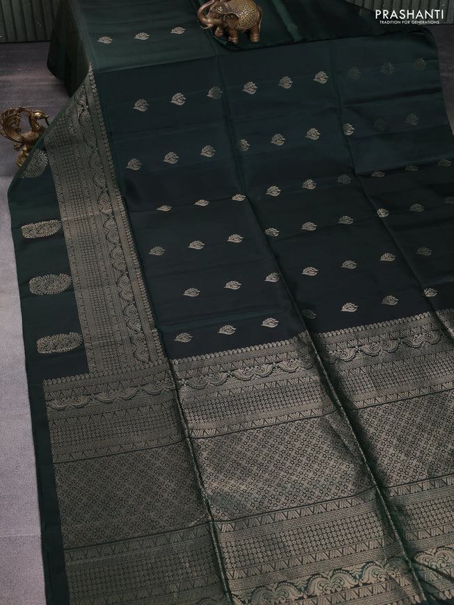 Pure soft silk saree bottle green with zari woven buttas and zari woven border