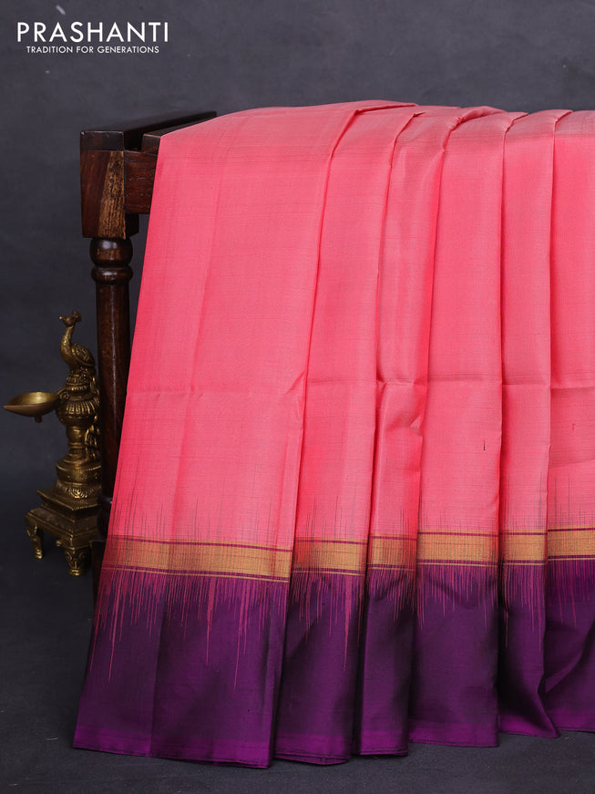 Pure soft silk saree peach pink and purple with zari woven buttas and zari woven elephant butta border
