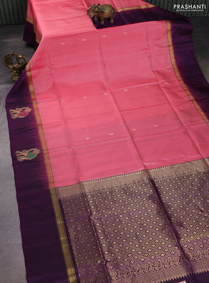 Pure soft silk saree peach pink and purple with zari woven buttas and zari woven elephant butta border