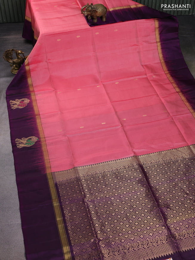 Pure soft silk saree peach pink and purple with zari woven buttas and zari woven elephant butta border