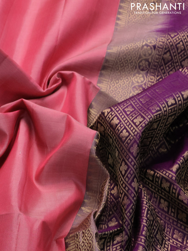 Pure soft silk saree peach pink and purple with zari woven buttas and zari woven elephant butta border