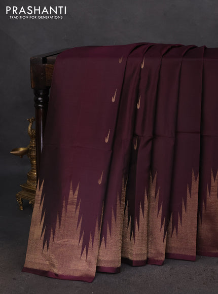 Pure soft silk saree deep jamun and dual shade of pinkish orange with zari woven muniya buttas and temple design zari woven border