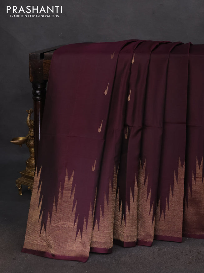 Pure soft silk saree deep jamun and dual shade of pinkish orange with zari woven muniya buttas and temple design zari woven border