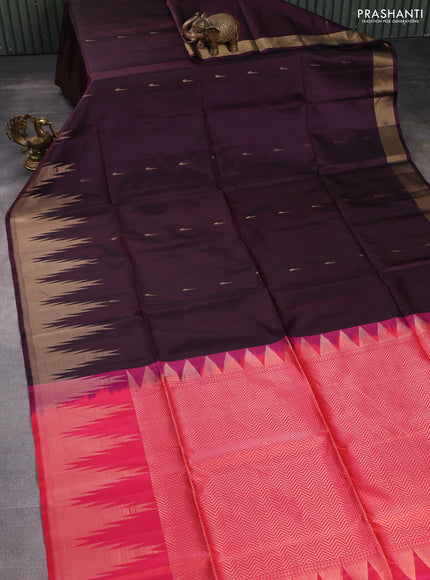 Pure soft silk saree deep jamun and dual shade of pinkish orange with zari woven muniya buttas and temple design zari woven border
