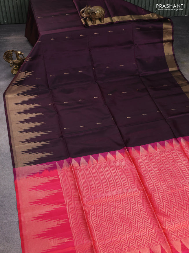 Pure soft silk saree deep jamun and dual shade of pinkish orange with zari woven muniya buttas and temple design zari woven border