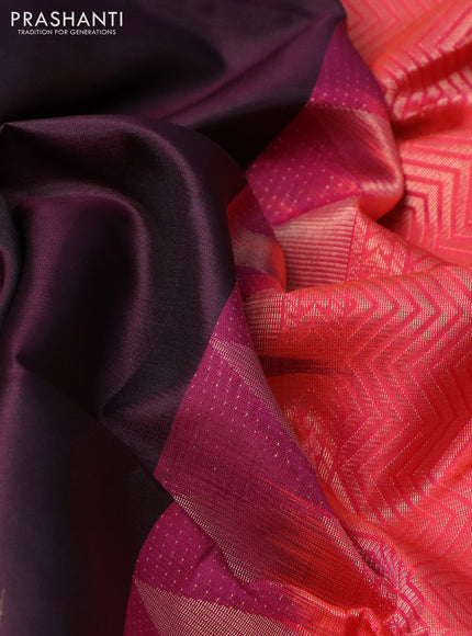 Pure soft silk saree deep jamun and dual shade of pinkish orange with zari woven muniya buttas and temple design zari woven border