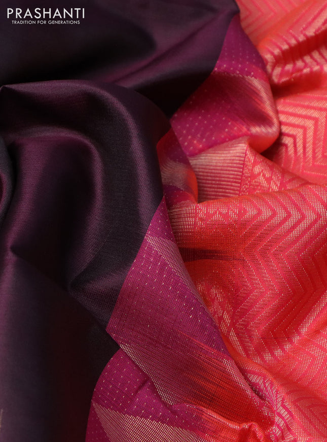 Pure soft silk saree deep jamun and dual shade of pinkish orange with zari woven muniya buttas and temple design zari woven border