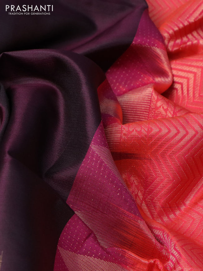 Pure soft silk saree deep jamun and dual shade of pinkish orange with zari woven muniya buttas and temple design zari woven border