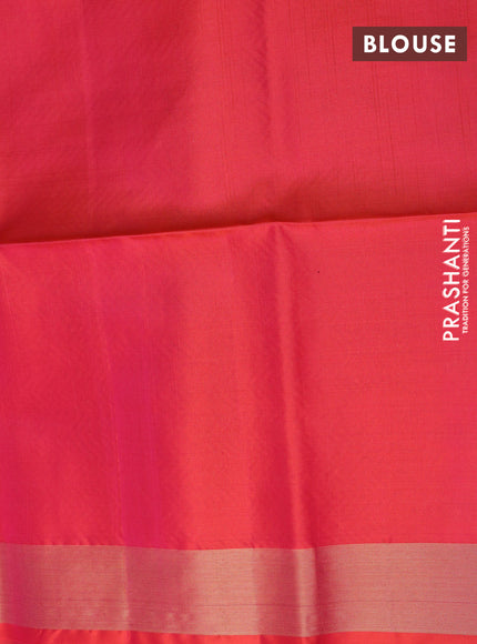 Pure soft silk saree deep jamun and dual shade of pinkish orange with zari woven muniya buttas and temple design zari woven border