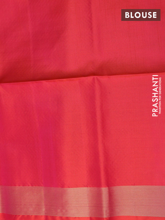 Pure soft silk saree deep jamun and dual shade of pinkish orange with zari woven muniya buttas and temple design zari woven border