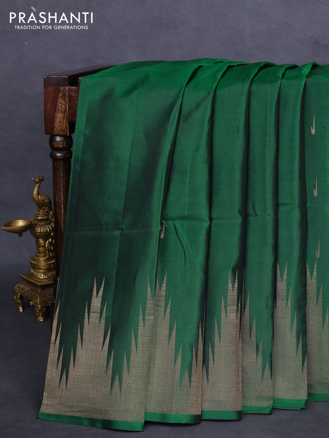 Pure soft silk saree green and dual shade of pinkish orange with zari woven muniya buttas and temple design zari woven border