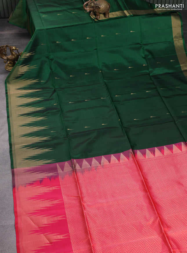 Pure soft silk saree green and dual shade of pinkish orange with zari woven muniya buttas and temple design zari woven border