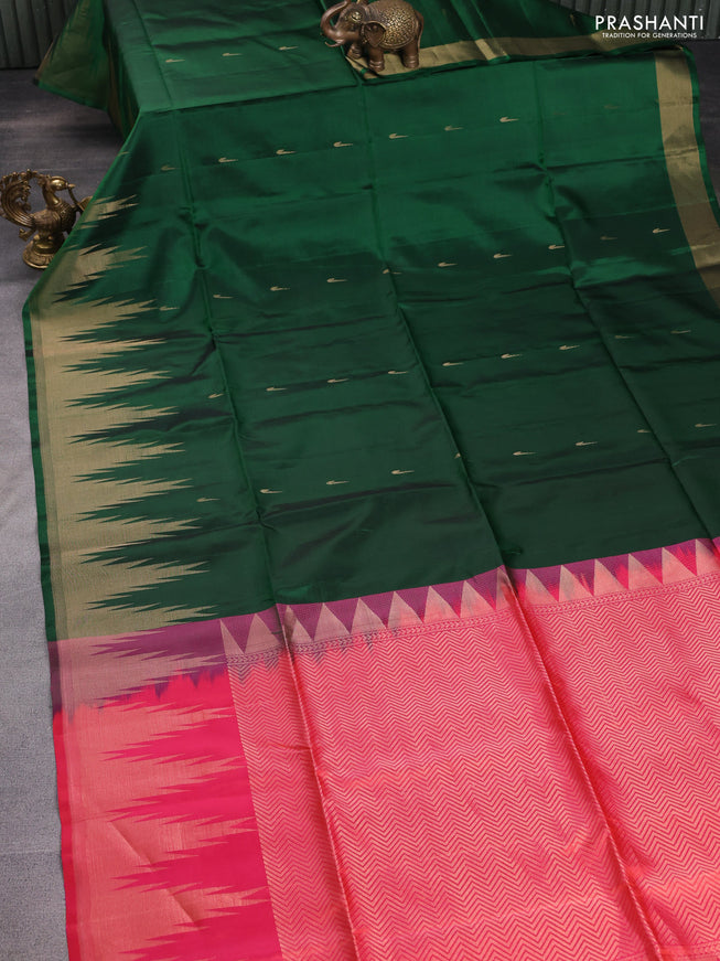 Pure soft silk saree green and dual shade of pinkish orange with zari woven muniya buttas and temple design zari woven border