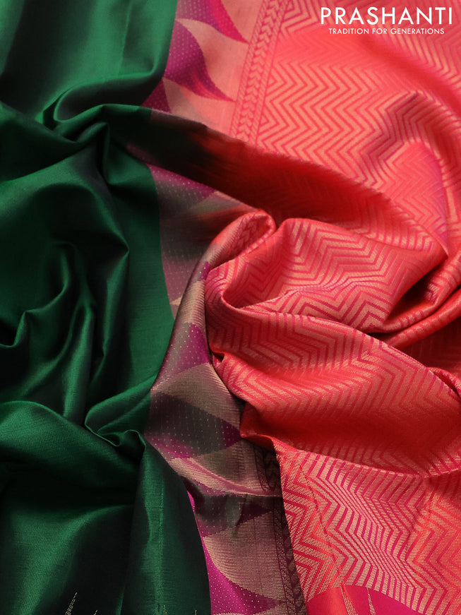 Pure soft silk saree green and dual shade of pinkish orange with zari woven muniya buttas and temple design zari woven border