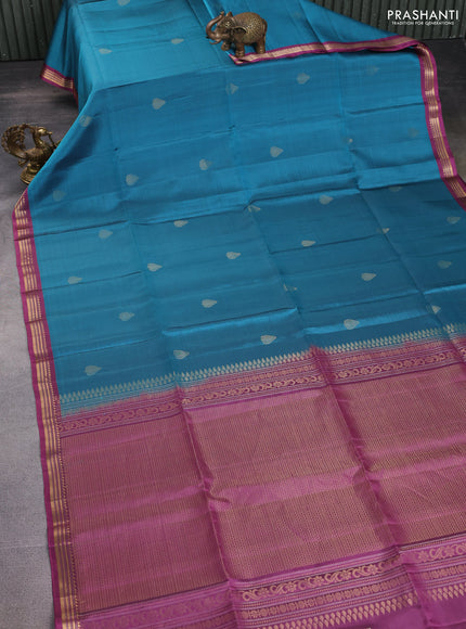 Pure soft silk saree teal blue and mauve pink with zari woven buttas and zari woven border