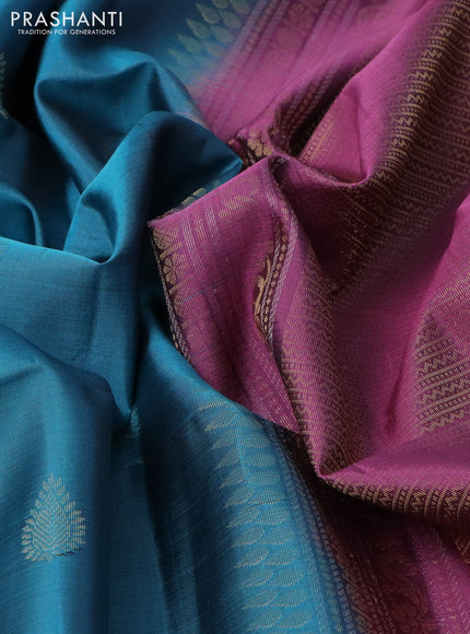 Pure soft silk saree teal blue and mauve pink with zari woven buttas and zari woven border