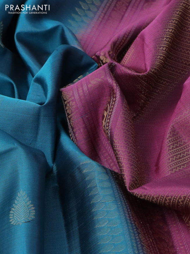 Pure soft silk saree teal blue and mauve pink with zari woven buttas and zari woven border