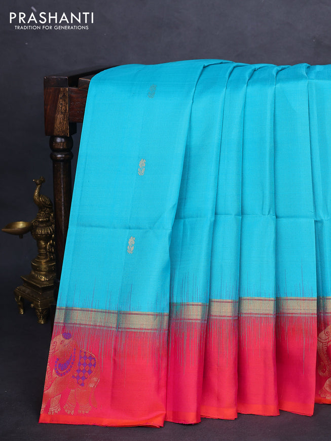 Pure soft silk saree teal blue with zari woven buttas and zari woven elephant butta border