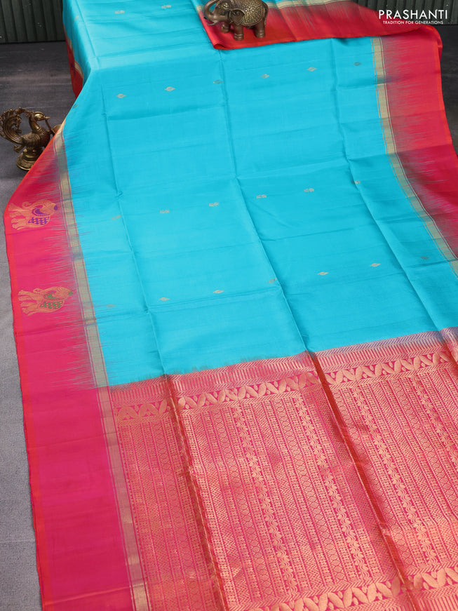 Pure soft silk saree teal blue with zari woven buttas and zari woven elephant butta border