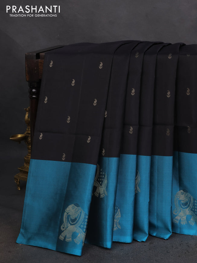 Pure soft silk saree black and teal blue with zari woven paisley buttas and elephnat design zari woven butta border